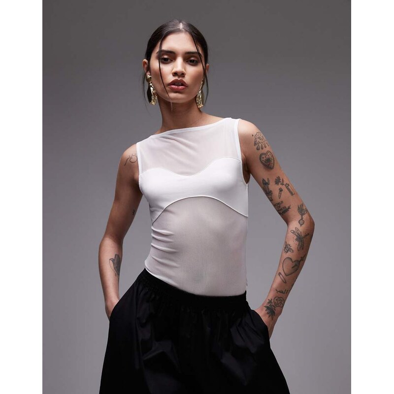 ASOS DESIGN mesh panel fabric mix body in ecru-White 105458325
