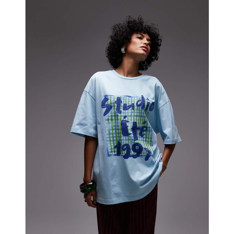 Topshop jersey graphic scarf print oversized top in light blue 105550048