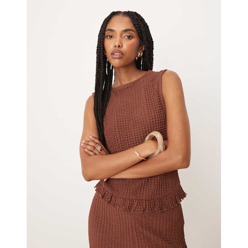 ASOS DESIGN textured boxy frill hem slash neck top co ord in brown 105468271