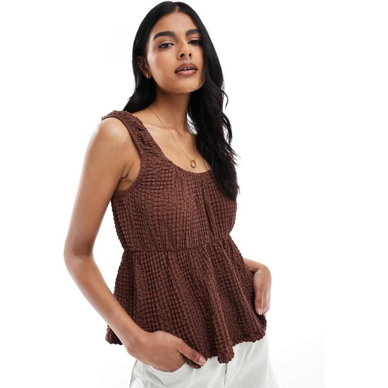 ASOS DESIGN textured babydoll top in brown-Pink 105468323