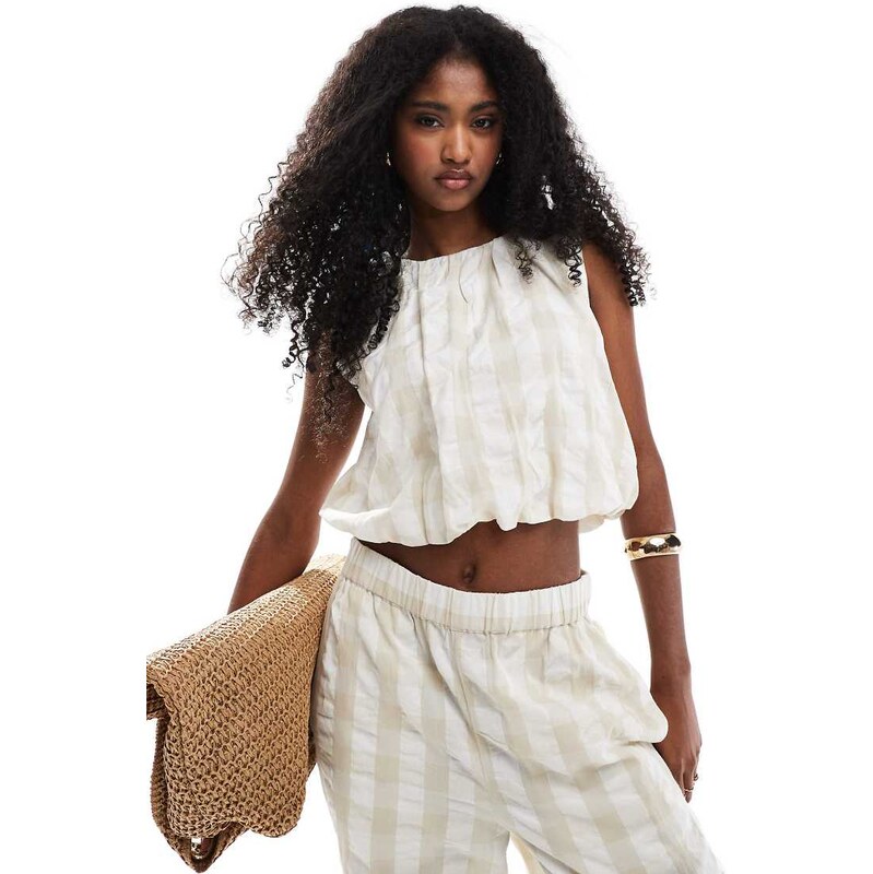 ASOS DESIGN gingham seersucker top co-ord in neutral-Multi 105597944