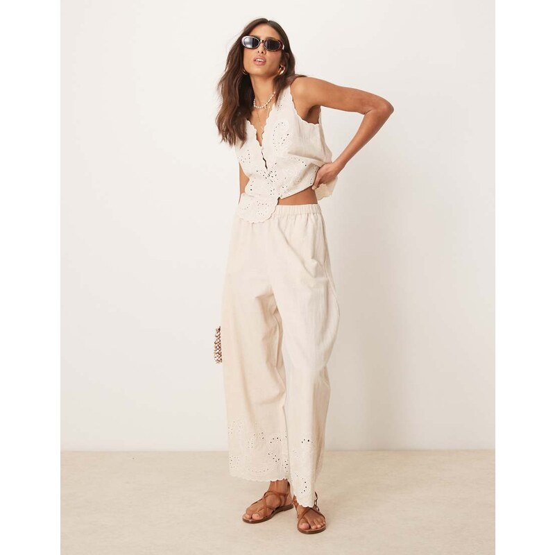 ASOS DESIGN linen blend scallop edge embroidered wide leg