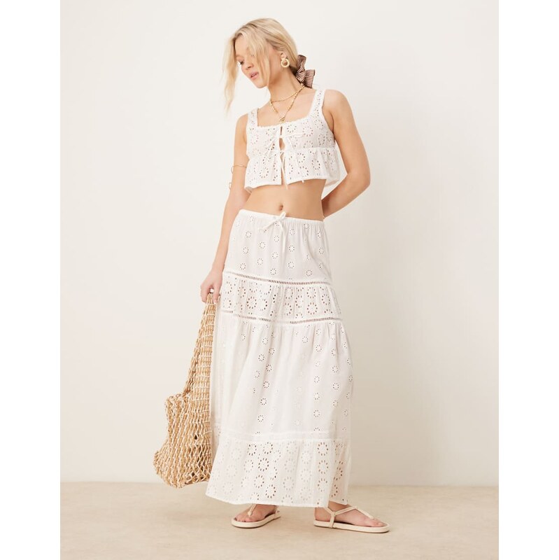 Iisla & Bird broderie maxi tiered beach skirt co-ord in white 105996908