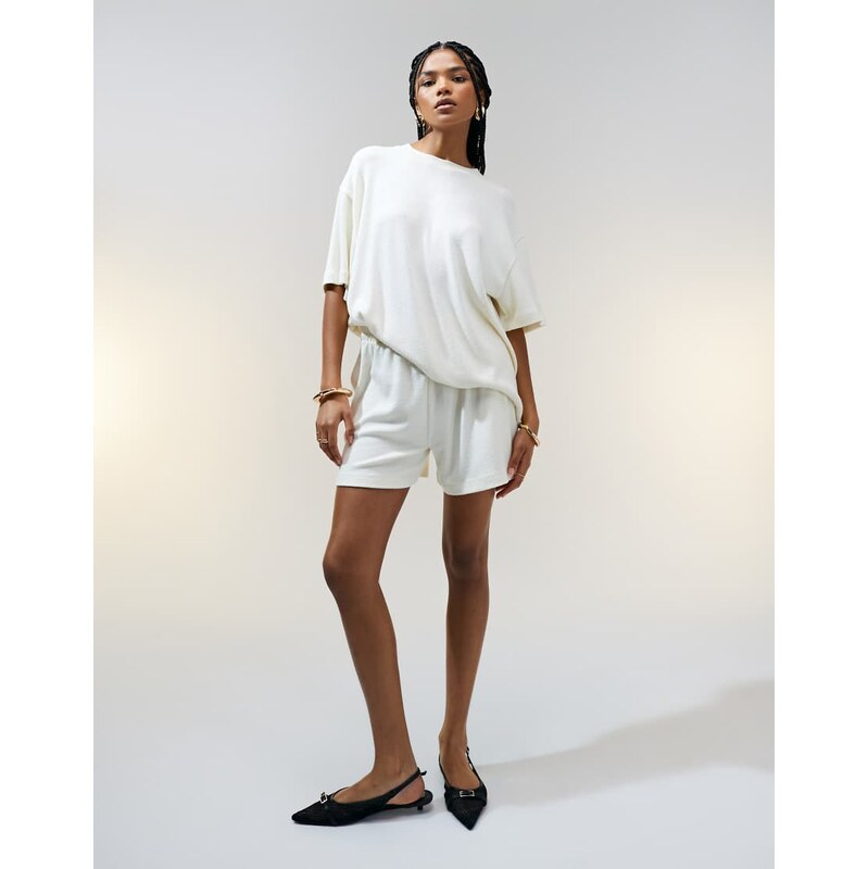 ASOS DESIGN textured knit short co-ord in cream-White