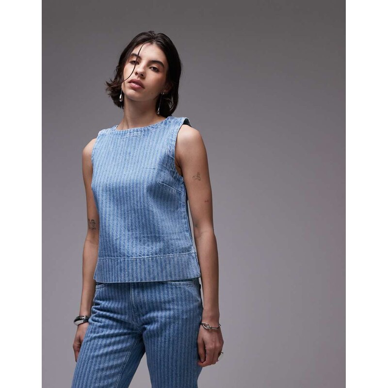 Topshop denim shell top in bleach stripe-Blue