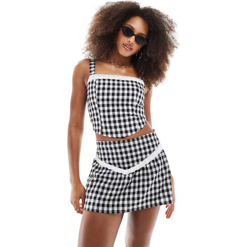 Daisy Street gingham a-line mini skirt with broderie edge in black co 105504029