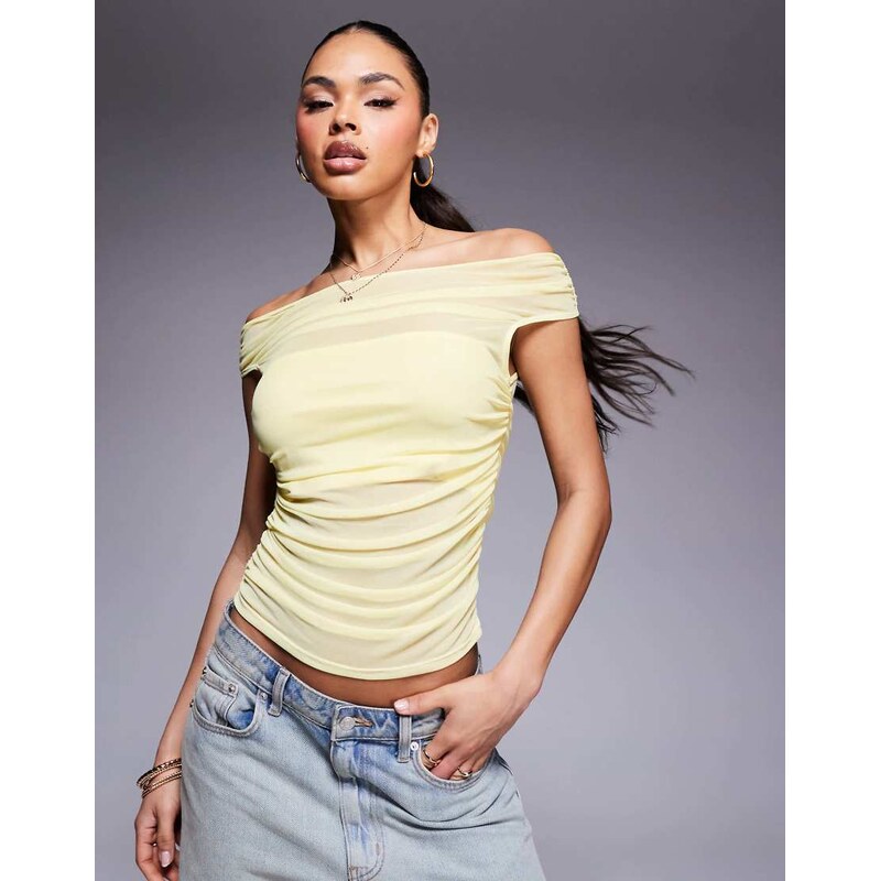 ASOS DESIGN gathered short sleeve off shoulder mesh top in