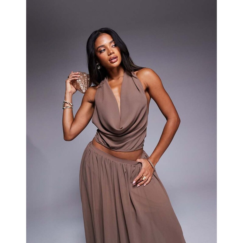 Aria Cove chiffon deep cowl neck halterneck top co-ord in brown 105504147