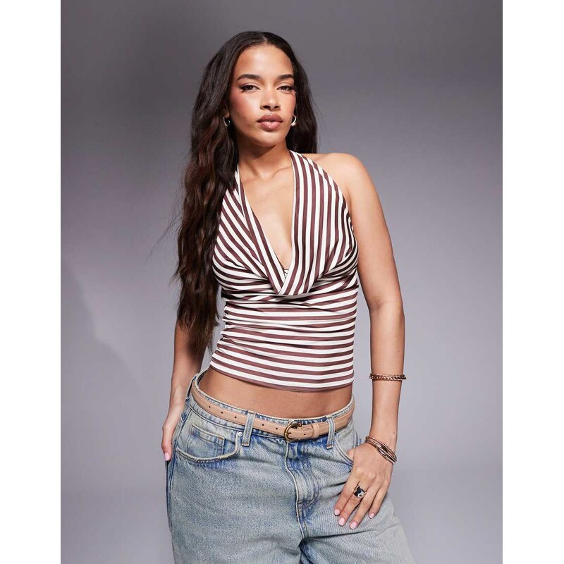 ASOS DESIGN slinky plunge cowl neck top in brown stripe 105504185