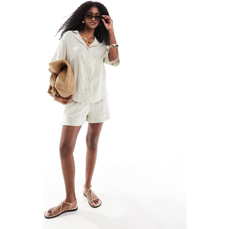 Brave Soul Co-ord textured pull on shorts in ecru-Neutral 105635257