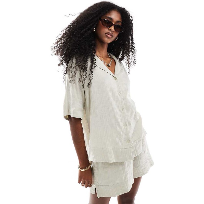 Brave Soul Co-ord textured relaxed short sleeve shirt in ecru-Neutral 105635101