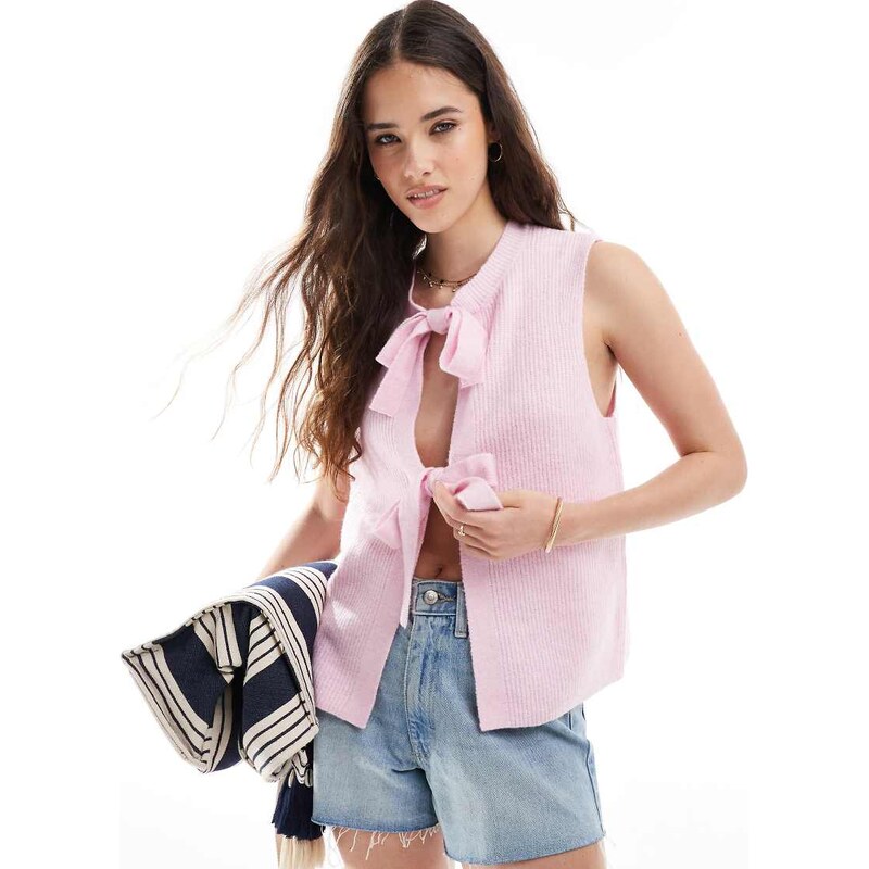 Pieces tie front knitted top in light pink 105518673