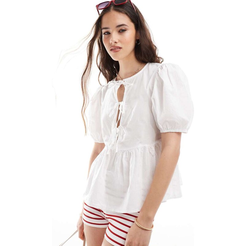 Pieces poplin tie front puff sleeve top in white 105518832