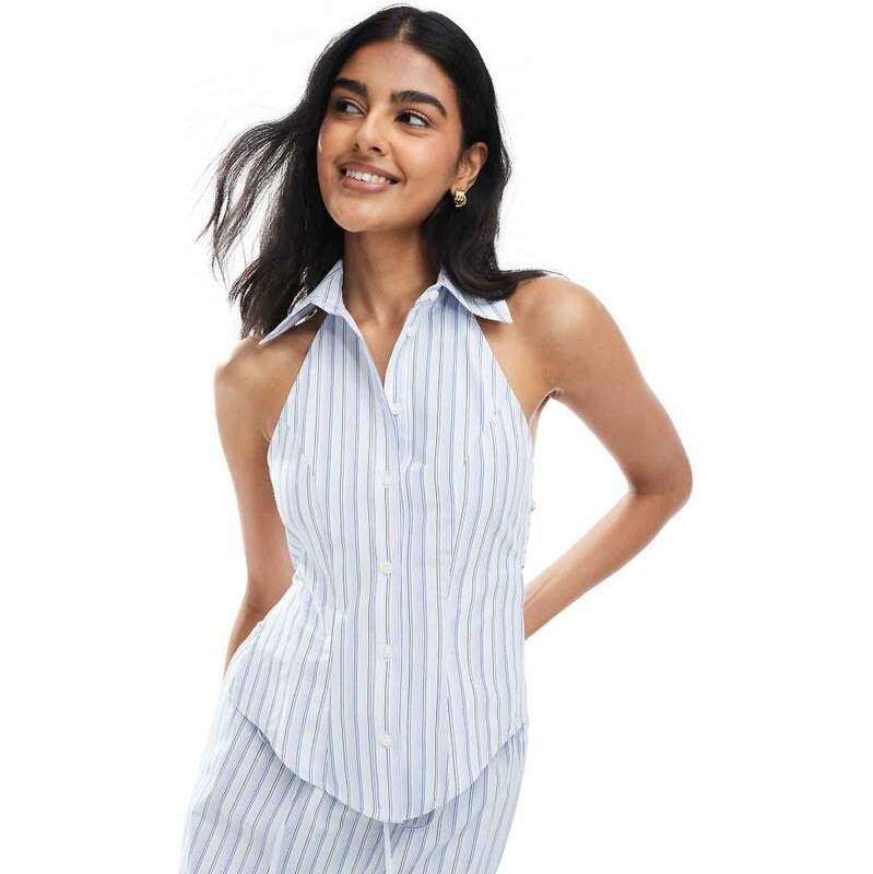 ASOS DESIGN halterneck tie back sleeveless co-ord shirt in stripe 105518710