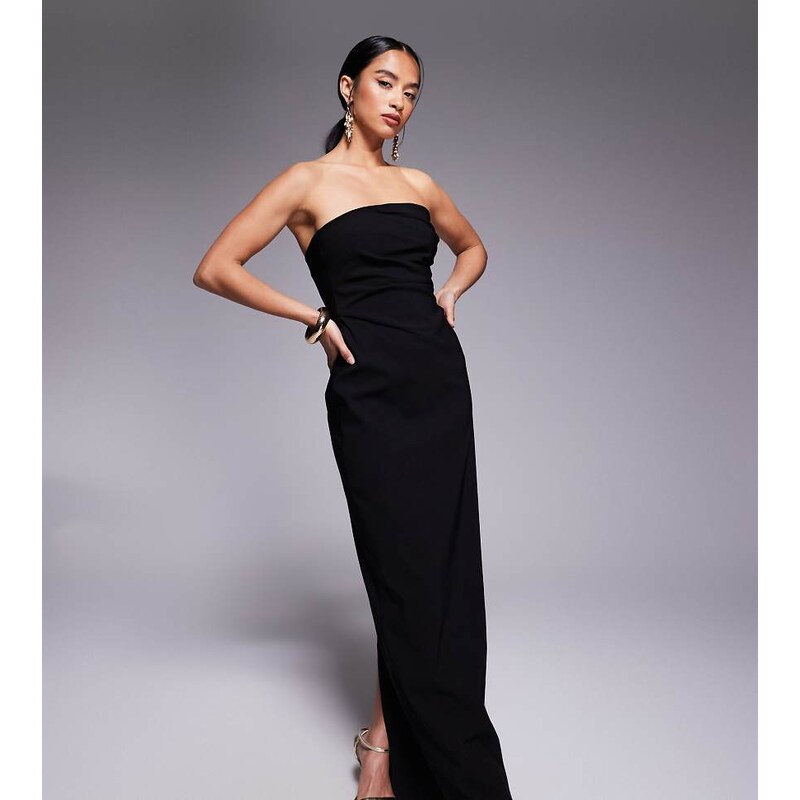 Vesper Petite bengaline drape waist bandeau maxi dress in black 115511734