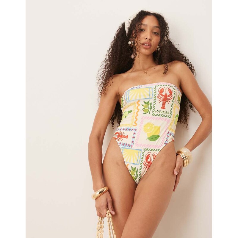 ASOS DESIGN Olive Bandeau Swimsuit in tile print-Multi 105505980