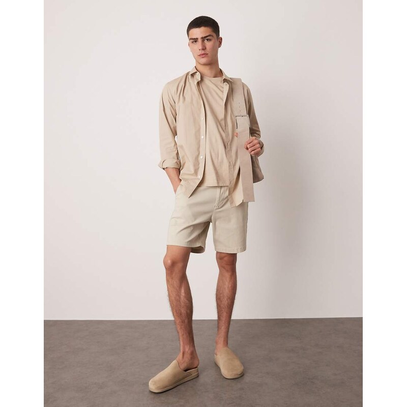 ASOS DESIGN skinny mid length chino shorts in stone-Neutral