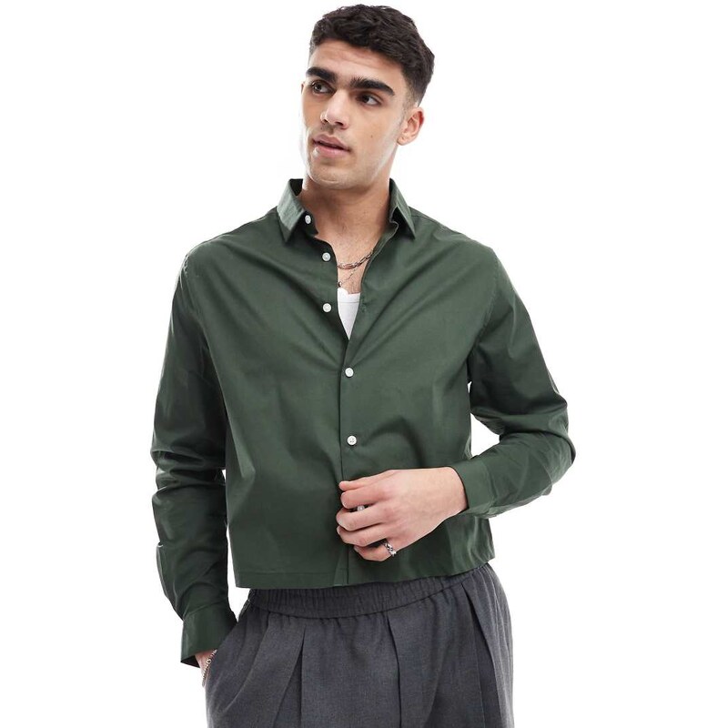 ASOS DESIGN cropped poplin regular shirt in khaki-Green