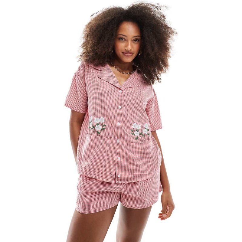 Daisy Street gingham shirt with embroidery flowers in red gingham co 105547276