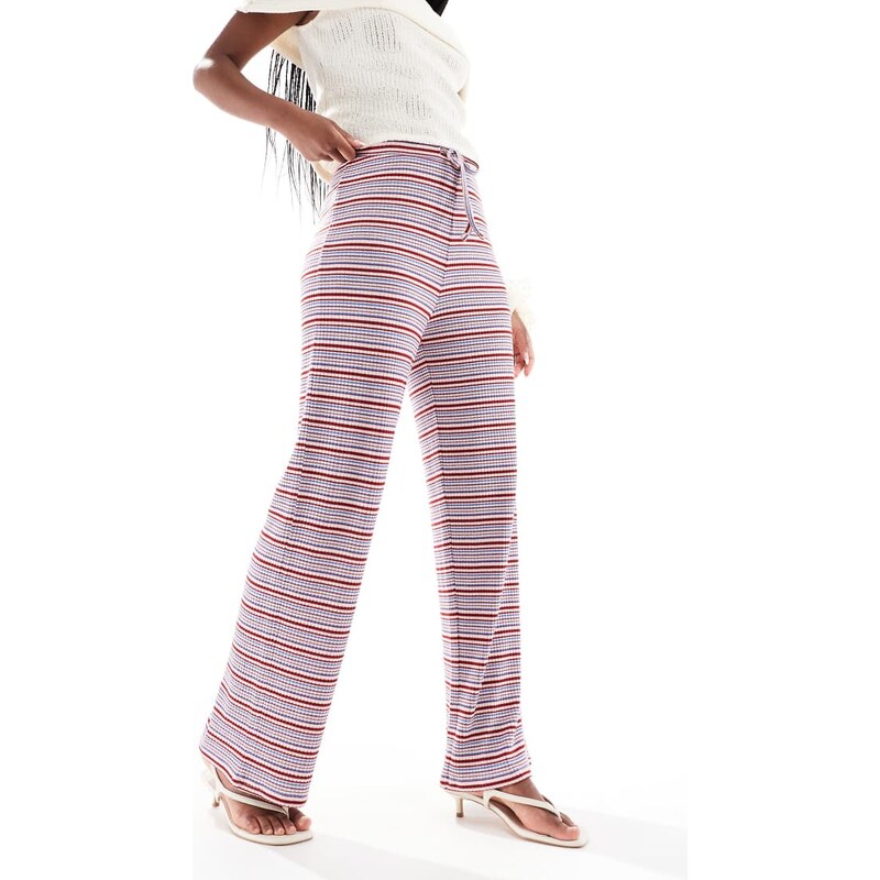 Pieces wide leg ribbed trousers in blue and burgundy stripe-Multi 105518670