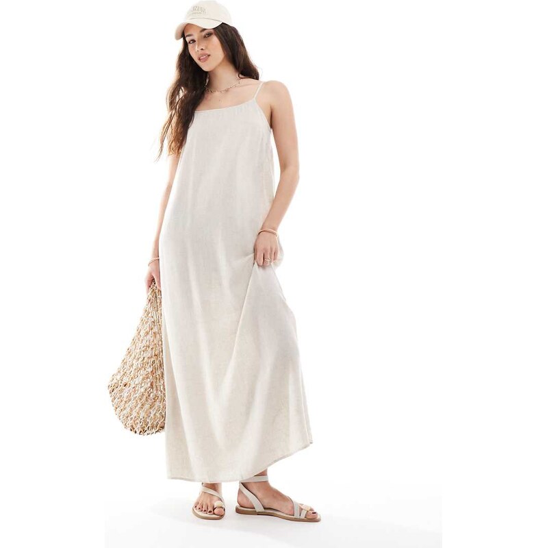 Pieces linen touch cami maxi dress in birch cream-White 105518671