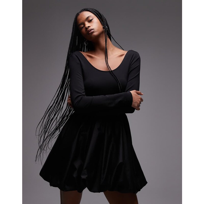 & Other Stories mini dress with puffball hem in black mixed jersey and 105569005