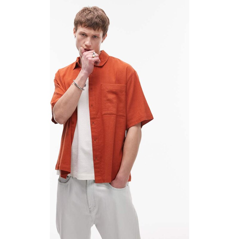 Topman short sleeve textured boxy shirt in rust