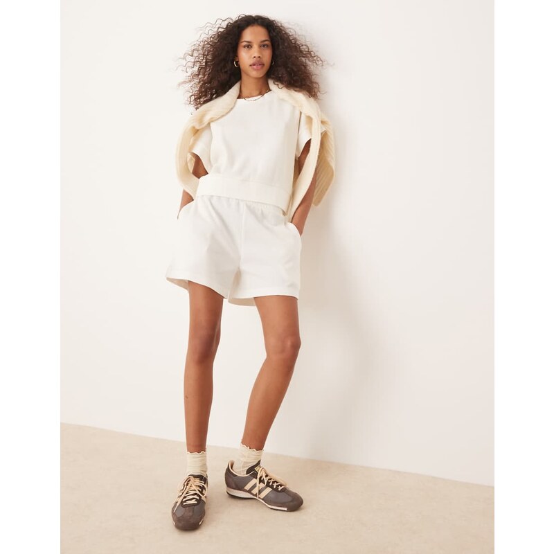 ASOS DESIGN longline waffle short in cream-White