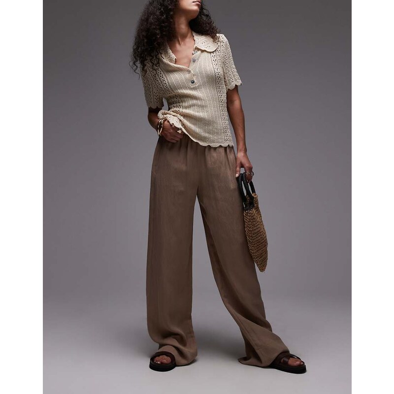 Mango crinkle elasticated waist straight leg trouser in beige-Neutral 105518905