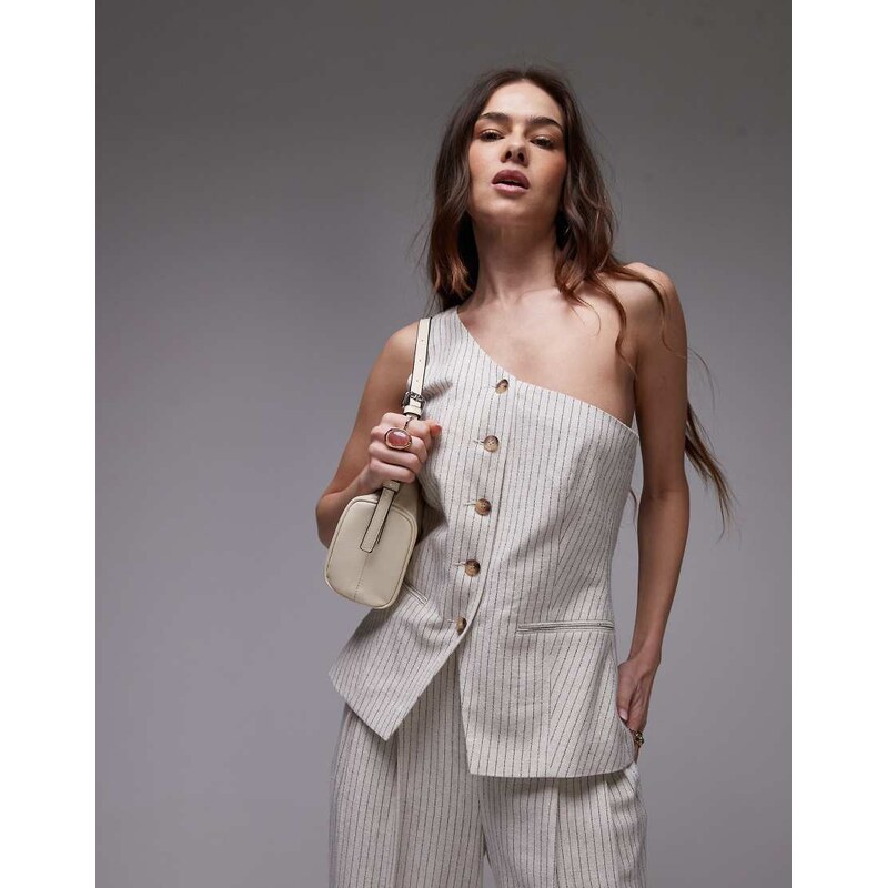 Topshop co ord linen stripe one shoulder top in cream-White 105711044