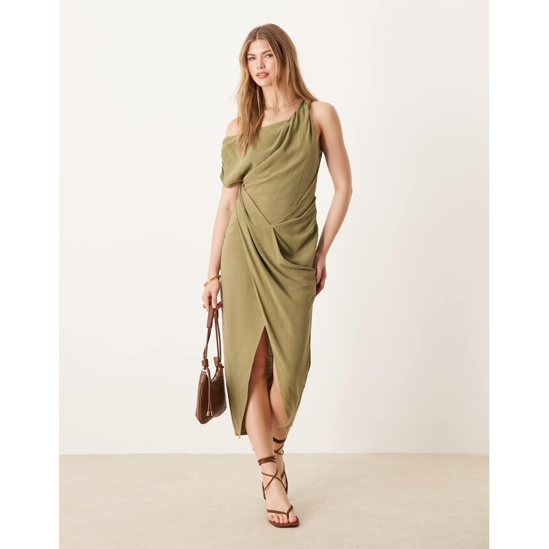 ASOS DESIGN linen fallen twist shoulder wrap skirt detail midi