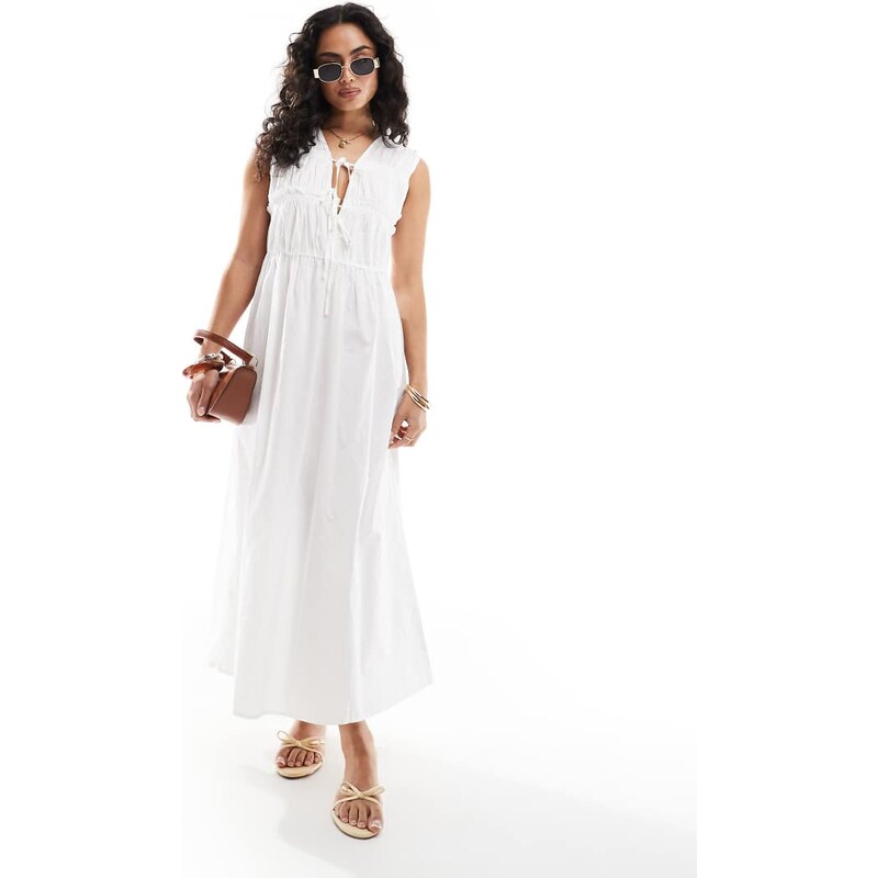 ONLY tie front ruched cotton midaxi dress in white