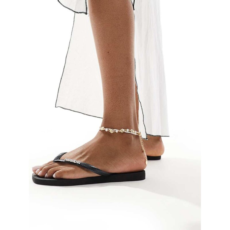 Havaianas metallic logo square toe flip flops in black