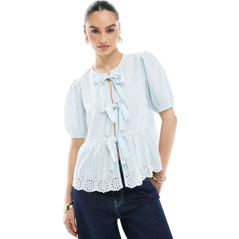 New Look tie front gingham top in blue 105541974
