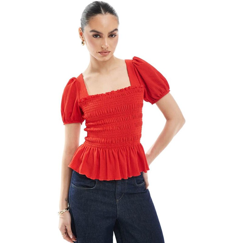 New Look shirred bodice puff sleeve top in red 105729463
