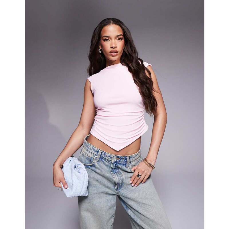 ASOS DESIGN slash neck cap sleeve ruched side top in pastel pink