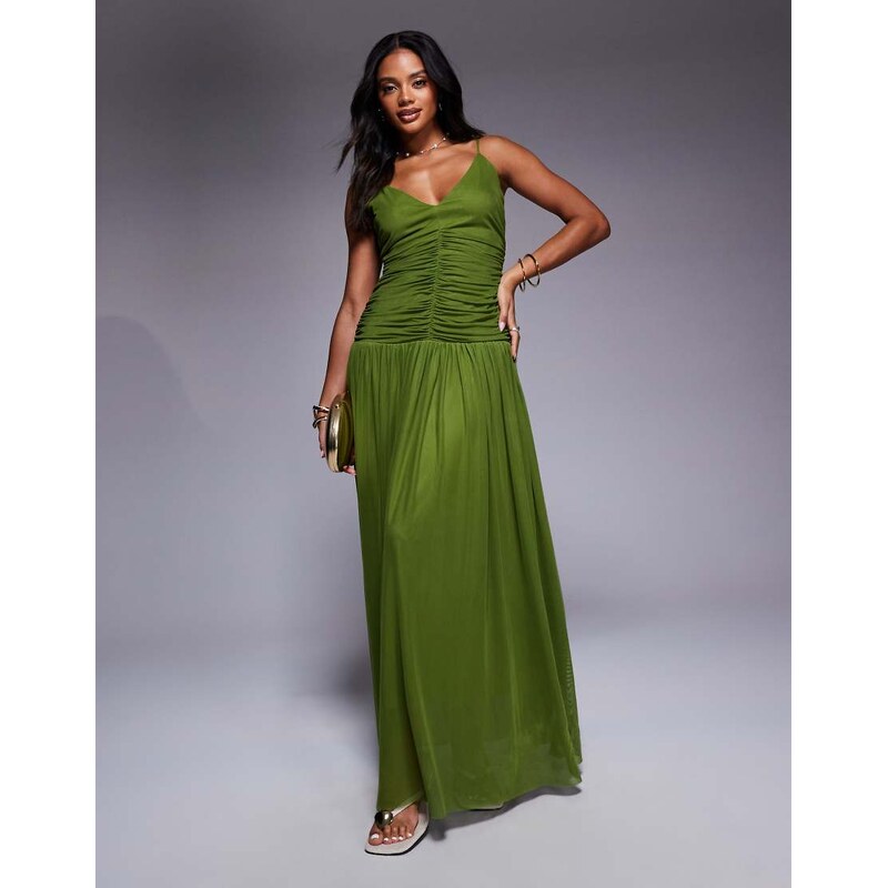 Aria Cove chiffon v neck dropped pleated waist maxi dress in green 105554332