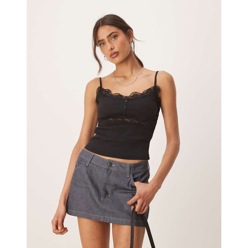 ASOS DESIGN ribbed cami top with lace and button detail in black 105542299