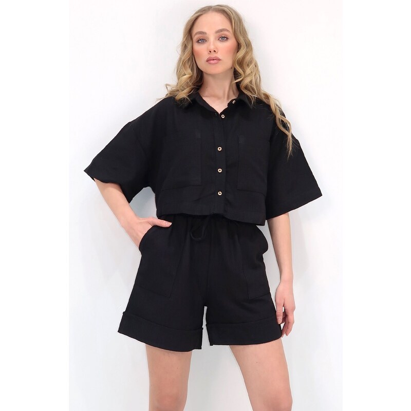 Trend Alaçatı Stili Womans Black Double Pocket Shirt and Shorts Linen 115721547