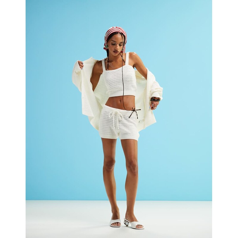 ASOS DESIGN knitted stitch mini short co-ord in cream-White 105547344