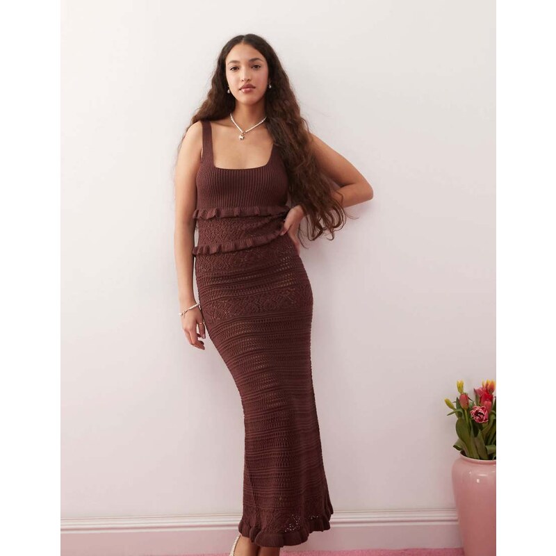 Miss Selfridge frill crochet maxi dress in chocolate-Brown 105547419