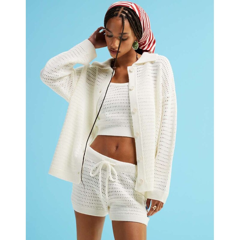 ASOS DESIGN knitted collar cardigan in stitch co-ord in cream-White 105547572