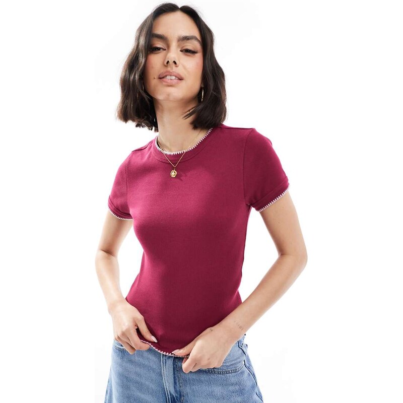 ASOS DESIGN babytee with blanket stitch detail in burgundy-Red