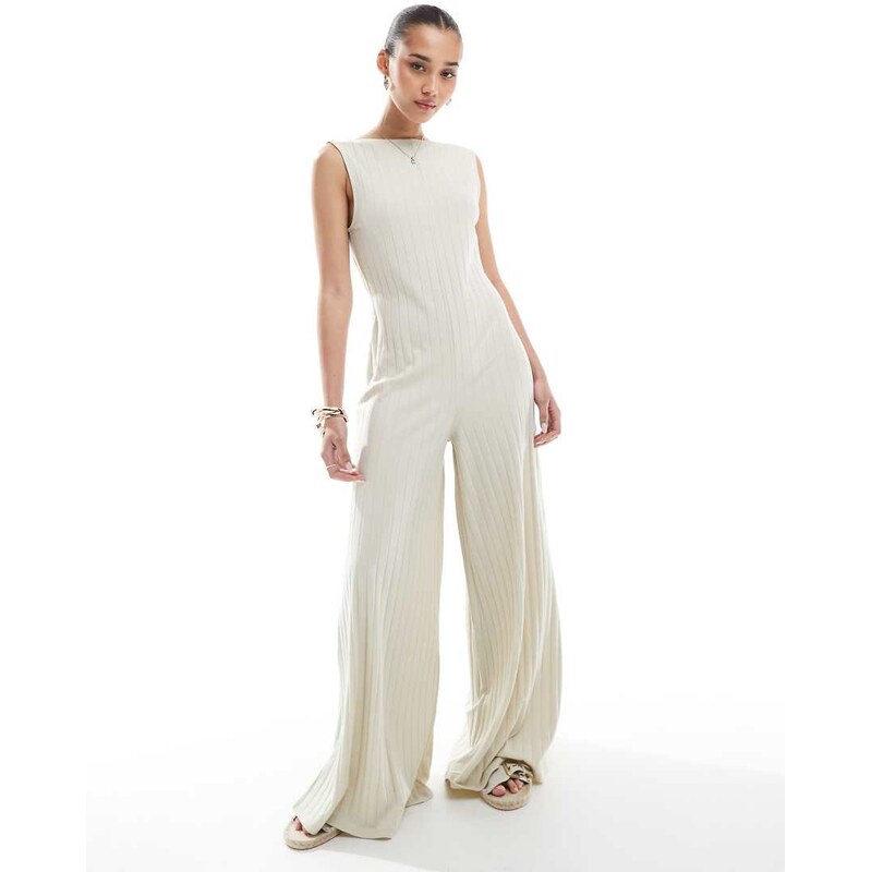 ASOS DESIGN sleeveless wide rib jumpsuit in stone-Neutral 105554359