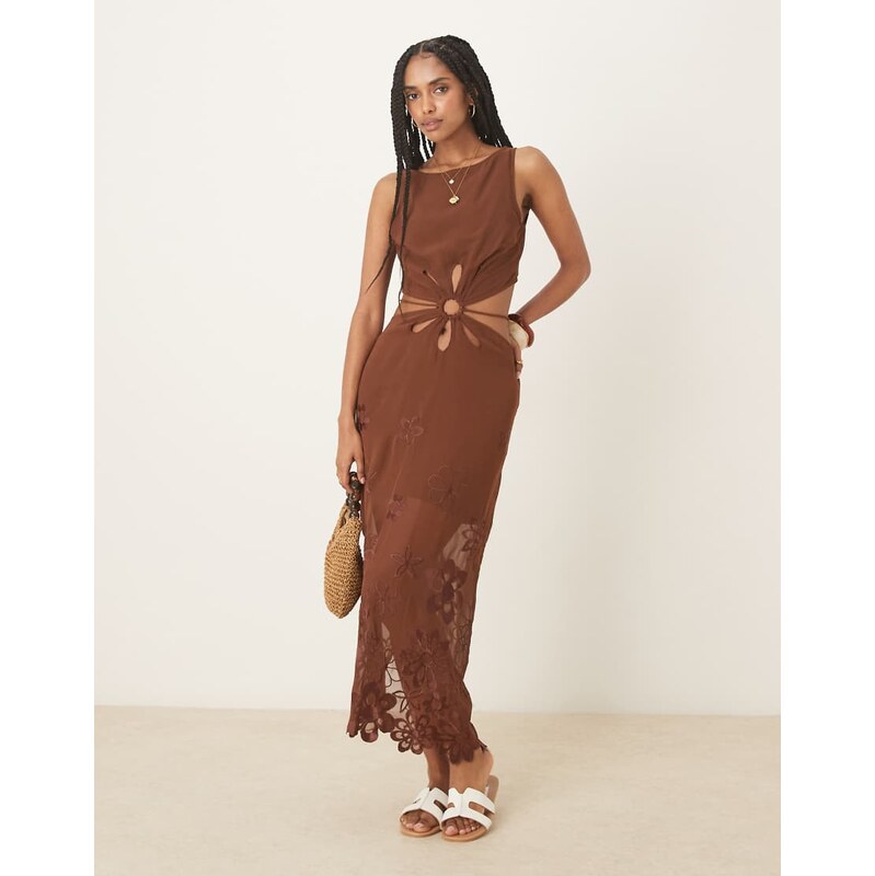 ASOS DESIGN floral embroidered cut out maxi dress in chocolate-Brown 105919935
