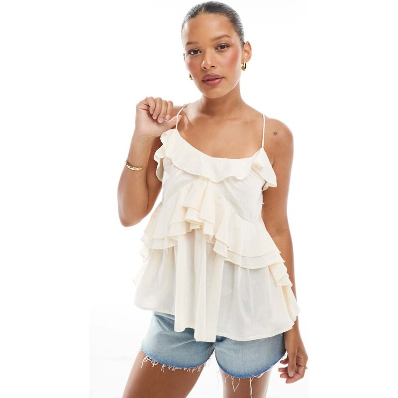 ASOS DESIGN ruffle cami top with tie straps in cream-White