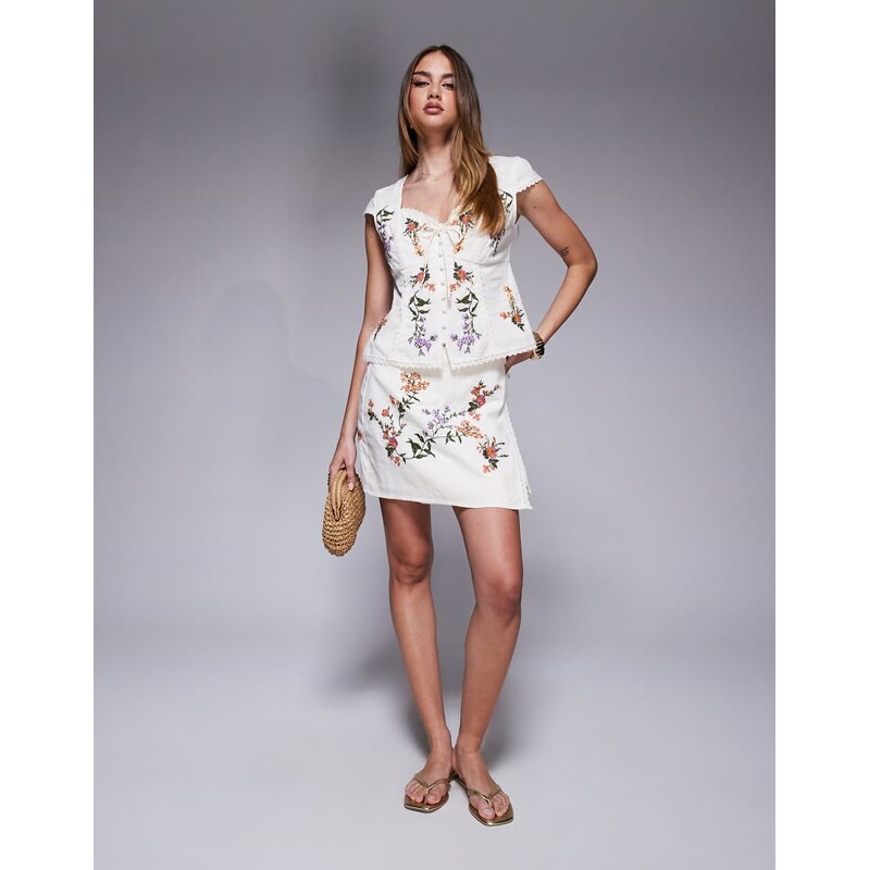 River island embroidered linen wrap skirt co ord in white