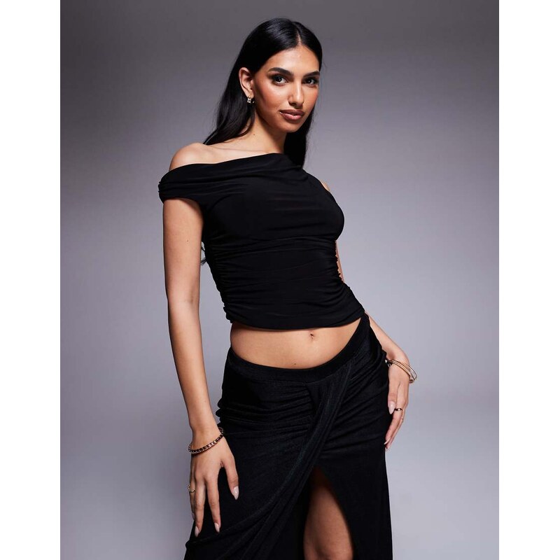 Missyempire double layered slinky off shoulder top in black 106624500