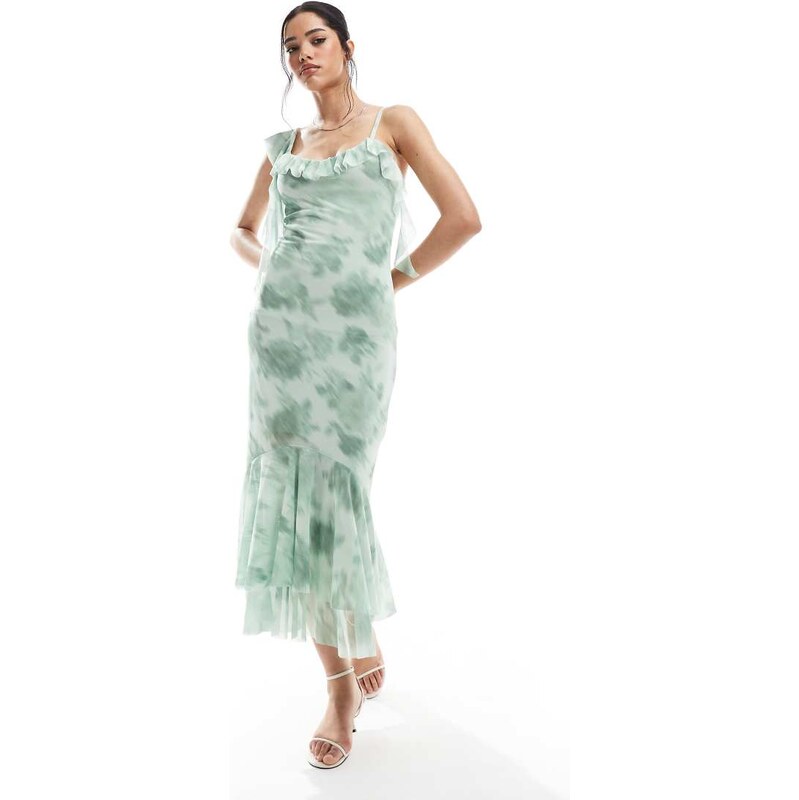 New Look asymmetric midi dress in green floral 105554391
