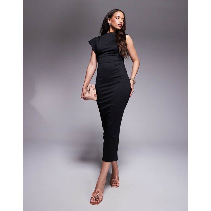 ASOS DESIGN asym sleeve high neck midi dress in black